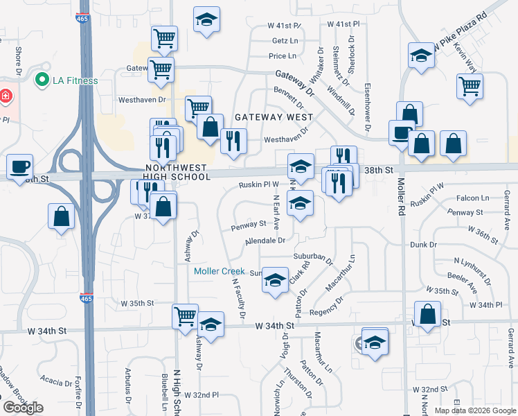 map of restaurants, bars, coffee shops, grocery stores, and more near 5927 Falcon Ln in Indianapolis