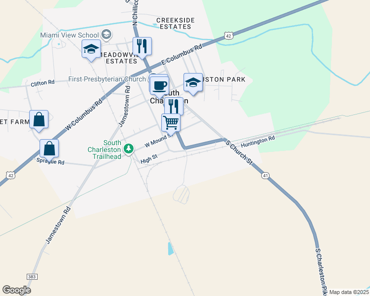 map of restaurants, bars, coffee shops, grocery stores, and more near 2 Woodward Street in South Charleston