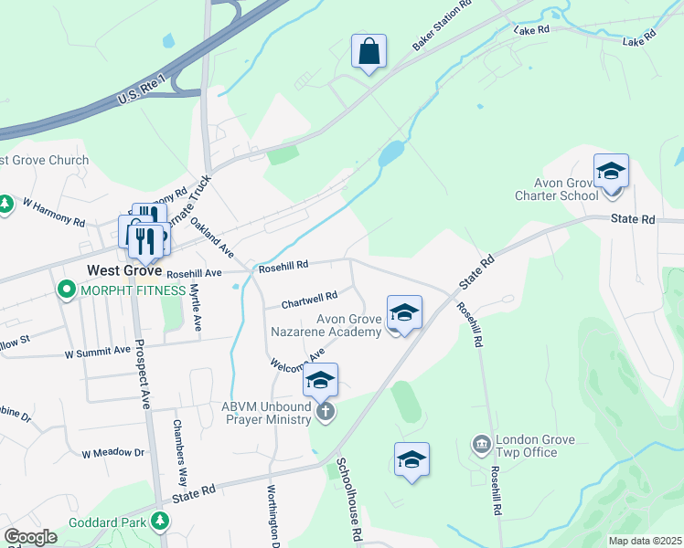 map of restaurants, bars, coffee shops, grocery stores, and more near 337 Welcome Avenue in West Grove