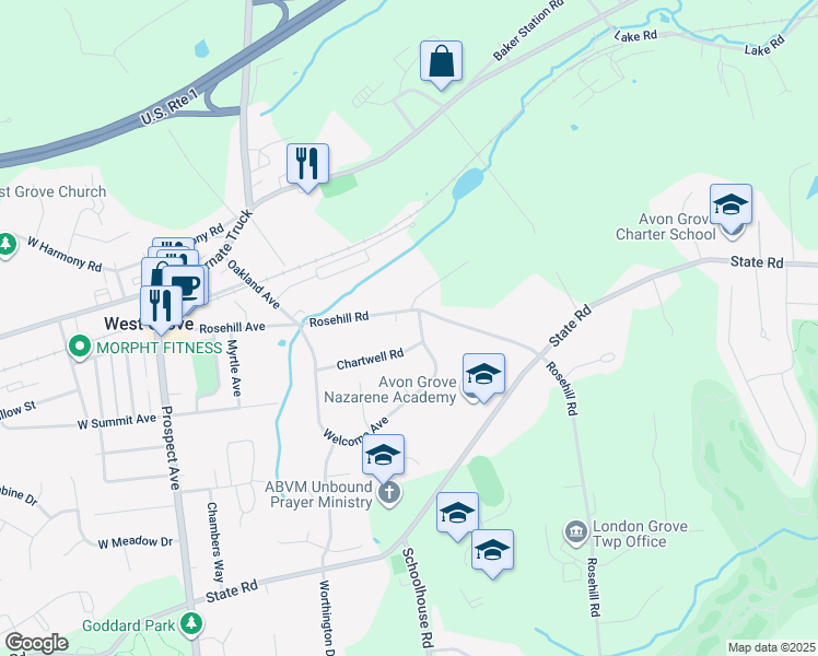 map of restaurants, bars, coffee shops, grocery stores, and more near 337 Welcome Avenue in West Grove