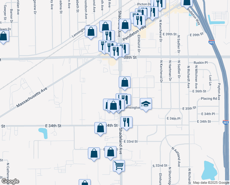 map of restaurants, bars, coffee shops, grocery stores, and more near 3616 Shadeland Avenue in Indianapolis