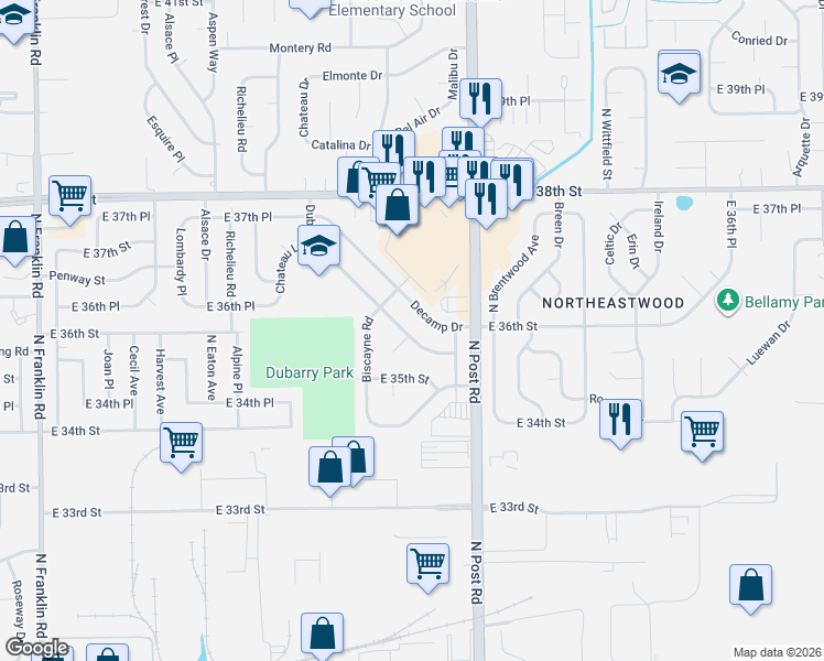 map of restaurants, bars, coffee shops, grocery stores, and more near 3570 Dubarry Road in Indianapolis