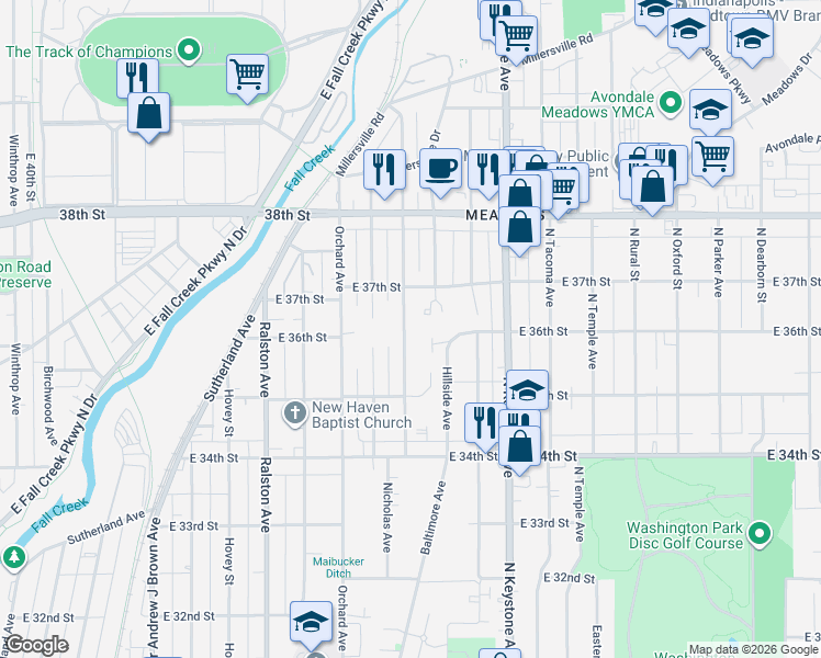 map of restaurants, bars, coffee shops, grocery stores, and more near 3609 Caroline Avenue in Indianapolis