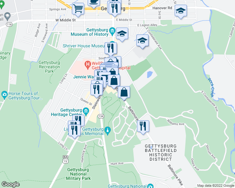 map of restaurants, bars, coffee shops, grocery stores, and more near 789 Baltimore Street in Gettysburg