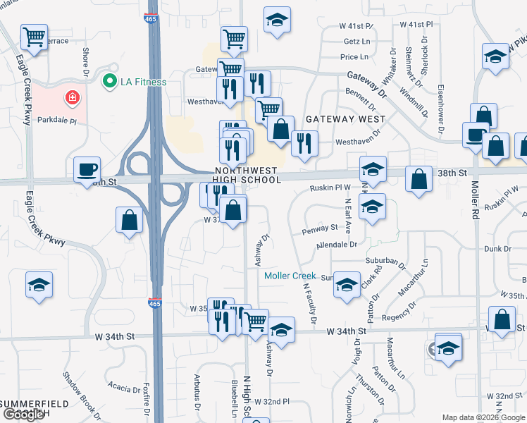 map of restaurants, bars, coffee shops, grocery stores, and more near 3718 Ashway Drive in Indianapolis
