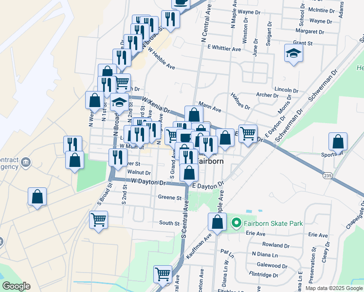 map of restaurants, bars, coffee shops, grocery stores, and more near 11 North Grand Avenue in Fairborn