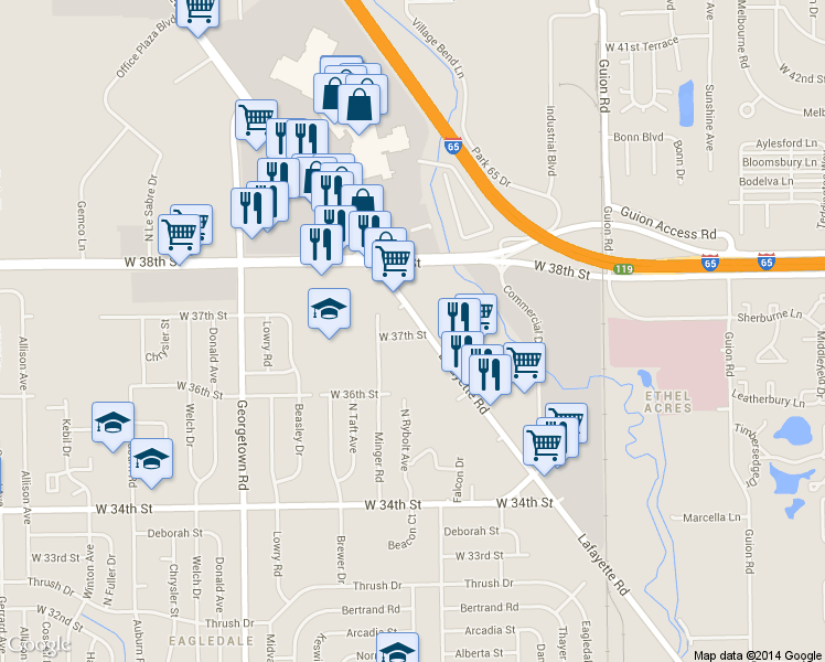 map of restaurants, bars, coffee shops, grocery stores, and more near 3706 Lafayette Road in Indianapolis