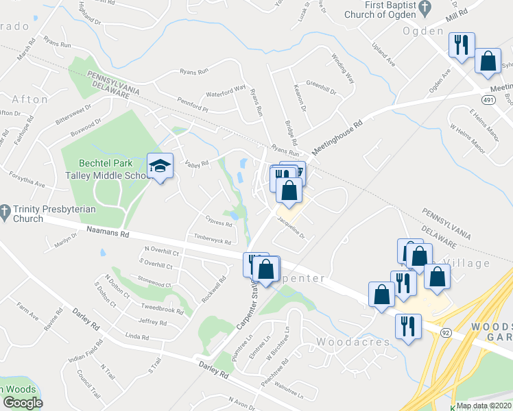 map of restaurants, bars, coffee shops, grocery stores, and more near 1 Rockland Court in Wilmington