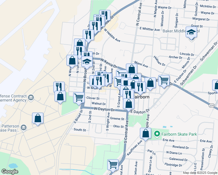 map of restaurants, bars, coffee shops, grocery stores, and more near 205 West Main Street in Fairborn
