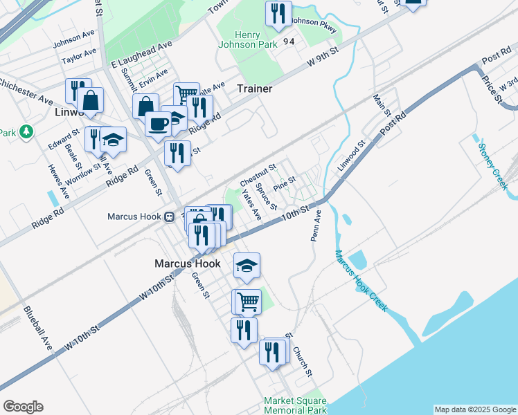 map of restaurants, bars, coffee shops, grocery stores, and more near 1013 Yates Avenue in Marcus Hook