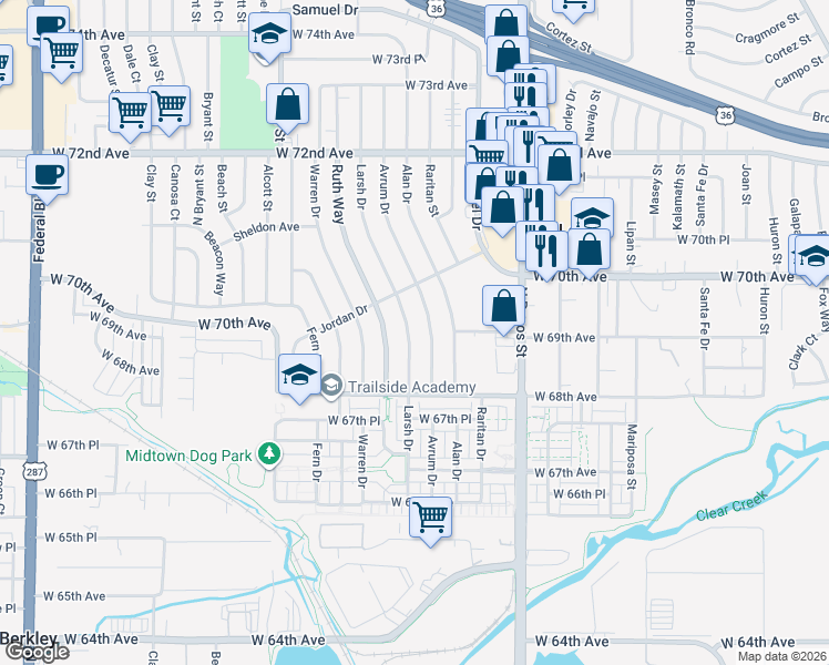 map of restaurants, bars, coffee shops, grocery stores, and more near 6896 Larsh Drive in Denver