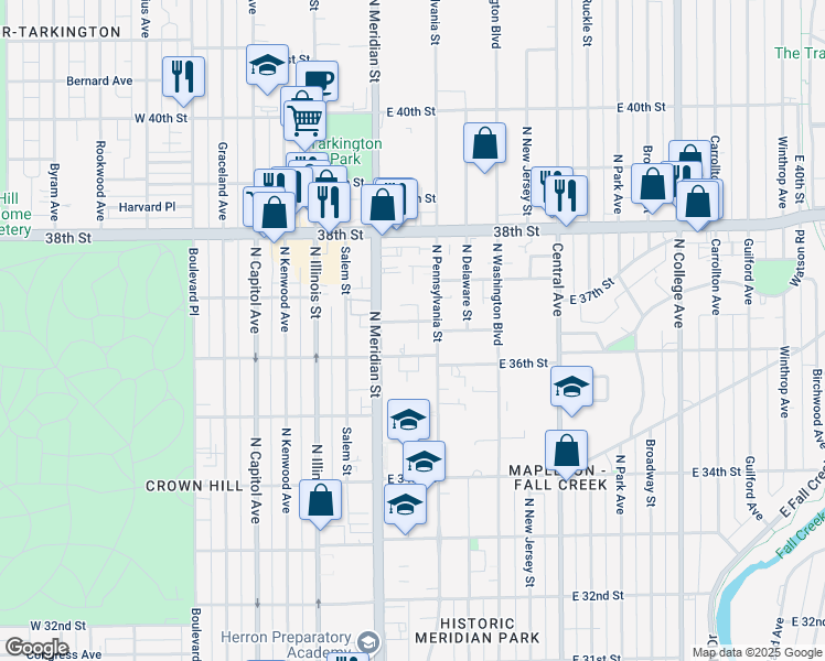 map of restaurants, bars, coffee shops, grocery stores, and more near 33 East 37th Street in Indianapolis
