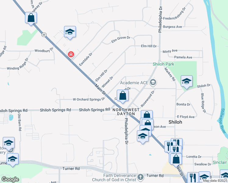 map of restaurants, bars, coffee shops, grocery stores, and more near 24 E Orchard Springs Dr in Dayton