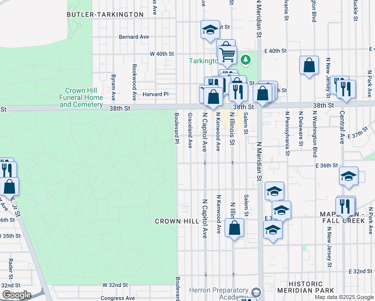 map of restaurants, bars, coffee shops, grocery stores, and more near 3630 Graceland Avenue in Indianapolis