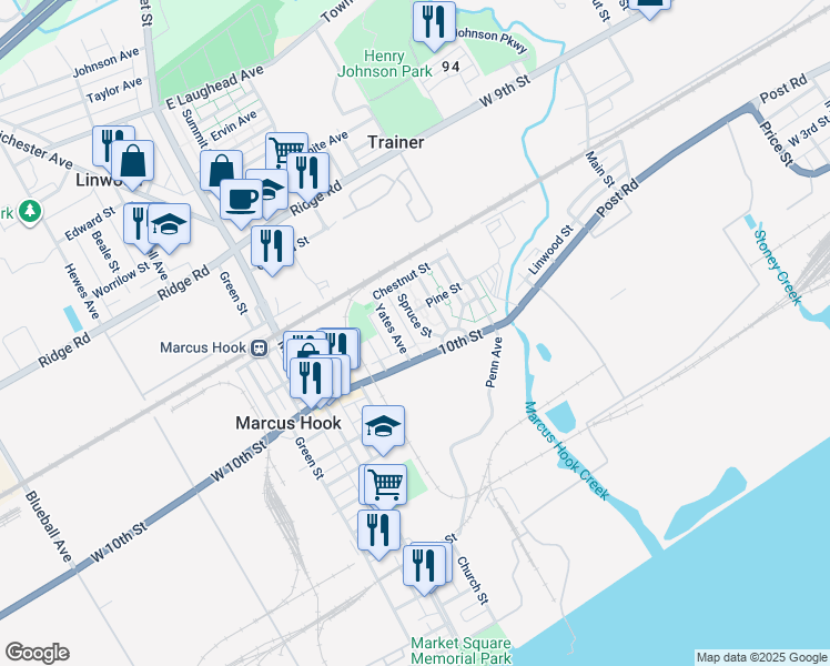 map of restaurants, bars, coffee shops, grocery stores, and more near 1013 Yates Avenue in Marcus Hook