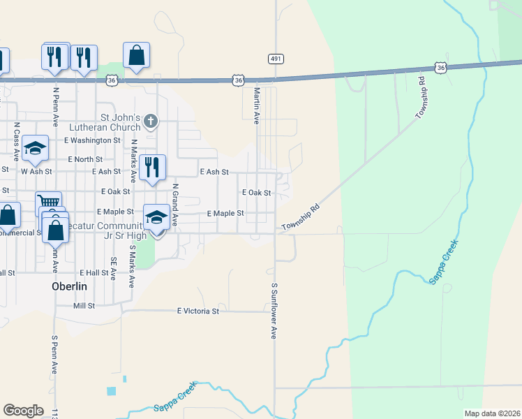 map of restaurants, bars, coffee shops, grocery stores, and more near 201 North Martin Avenue in Oberlin