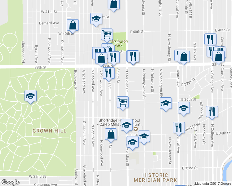 map of restaurants, bars, coffee shops, grocery stores, and more near 3628 Salem Street in Indianapolis