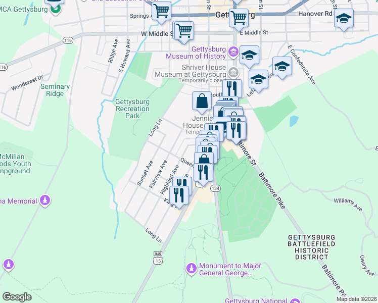 map of restaurants, bars, coffee shops, grocery stores, and more near 624 Highland Avenue in Gettysburg