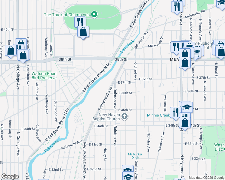 map of restaurants, bars, coffee shops, grocery stores, and more near 3610 Ralston Avenue in Indianapolis