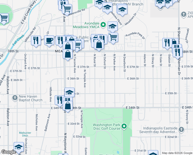 map of restaurants, bars, coffee shops, grocery stores, and more near 3601 North Rural Street in Indianapolis