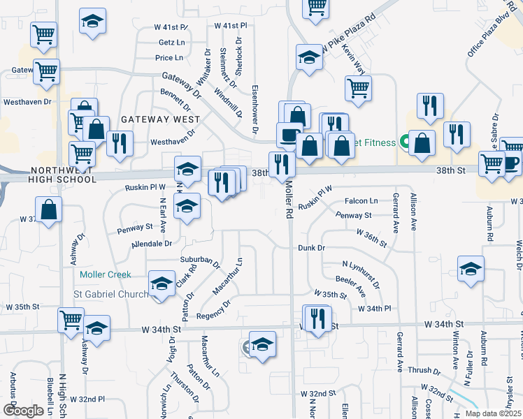 map of restaurants, bars, coffee shops, grocery stores, and more near 5515 West 38th Street in Indianapolis