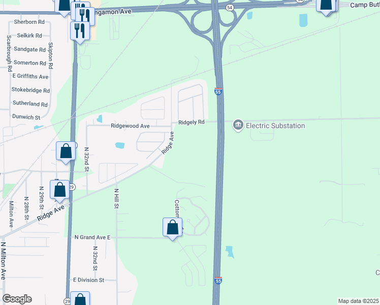 map of restaurants, bars, coffee shops, grocery stores, and more near 3400 Ridgely Road in Springfield