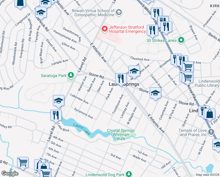 map of restaurants, bars, coffee shops, grocery stores, and more near 424 Park Avenue in Laurel Springs
