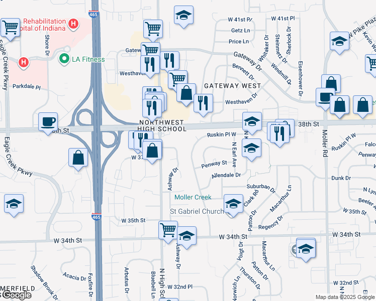 map of restaurants, bars, coffee shops, grocery stores, and more near 3708 North Faculty Drive in Indianapolis