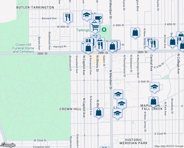 map of restaurants, bars, coffee shops, grocery stores, and more near 3629 North Kenwood Avenue in Indianapolis