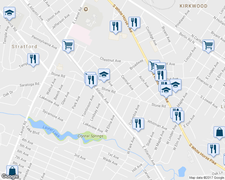 map of restaurants, bars, coffee shops, grocery stores, and more near 610 Stone Road in Laurel Springs