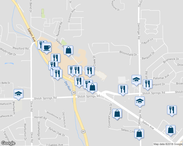 map of restaurants, bars, coffee shops, grocery stores, and more near 5259 Wood Creek Drive in Dayton