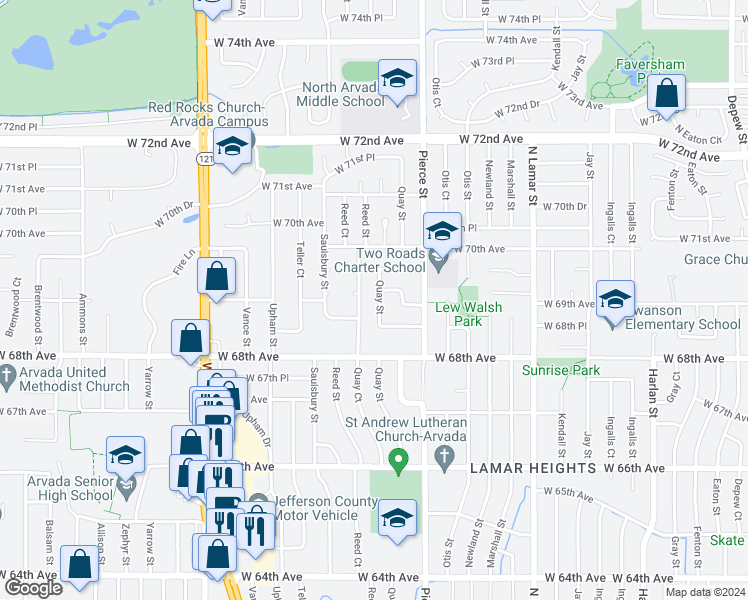 map of restaurants, bars, coffee shops, grocery stores, and more near 6889 Quay Street in Arvada