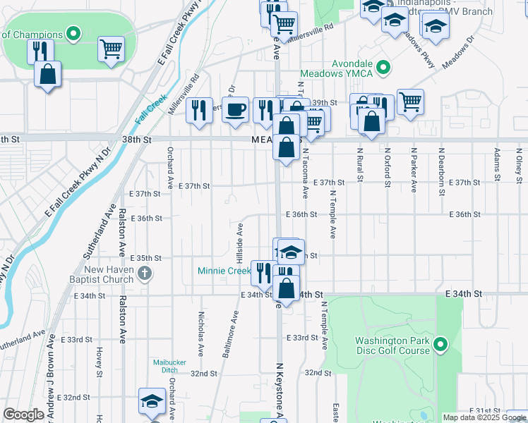 map of restaurants, bars, coffee shops, grocery stores, and more near 2324 East 36th Street in Indianapolis