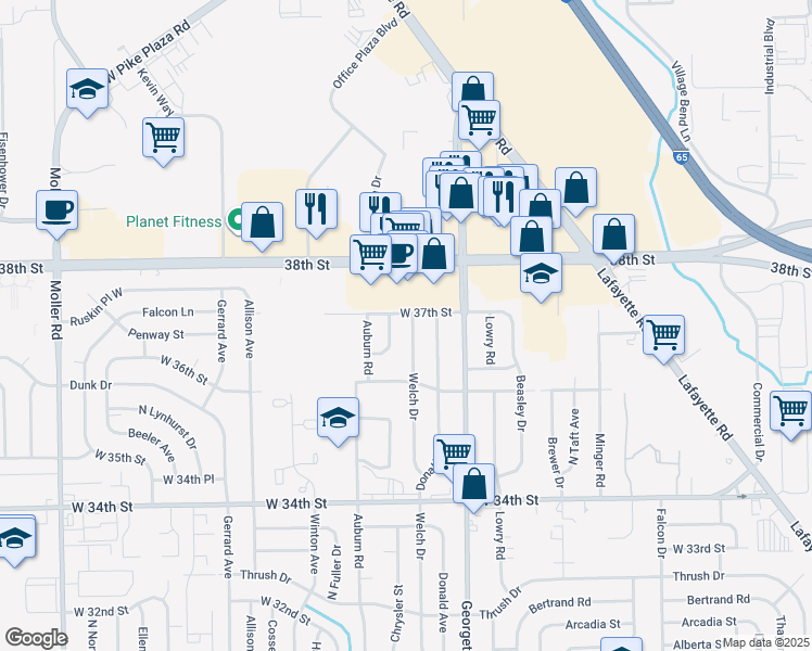 map of restaurants, bars, coffee shops, grocery stores, and more near 3660 Welch Drive in Indianapolis