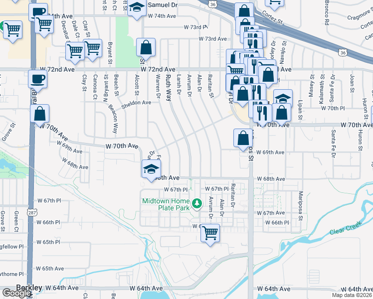 map of restaurants, bars, coffee shops, grocery stores, and more near 6896 Warren Drive in Denver
