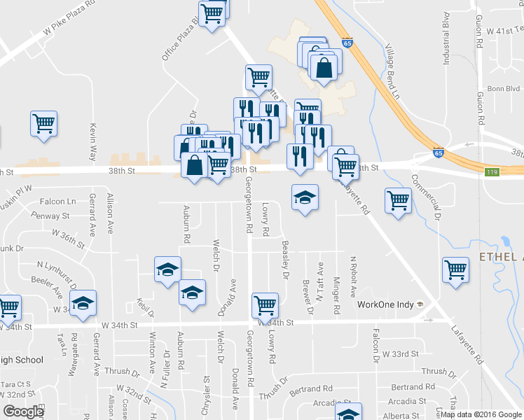 map of restaurants, bars, coffee shops, grocery stores, and more near 3648 Lowry Road in Indianapolis