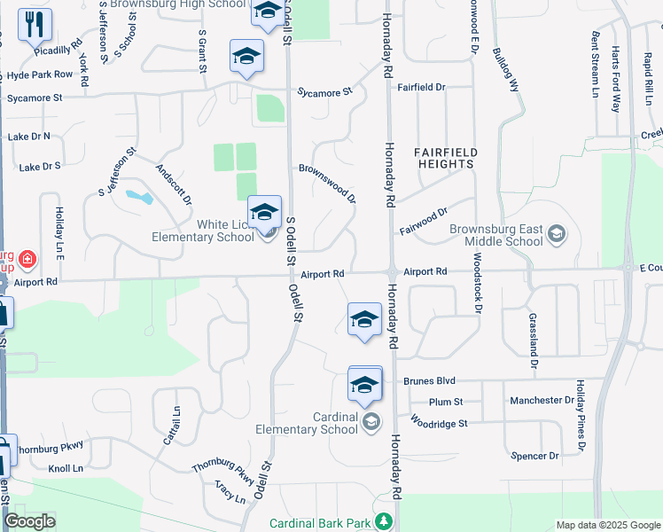 map of restaurants, bars, coffee shops, grocery stores, and more near 708 Airport Road in Brownsburg
