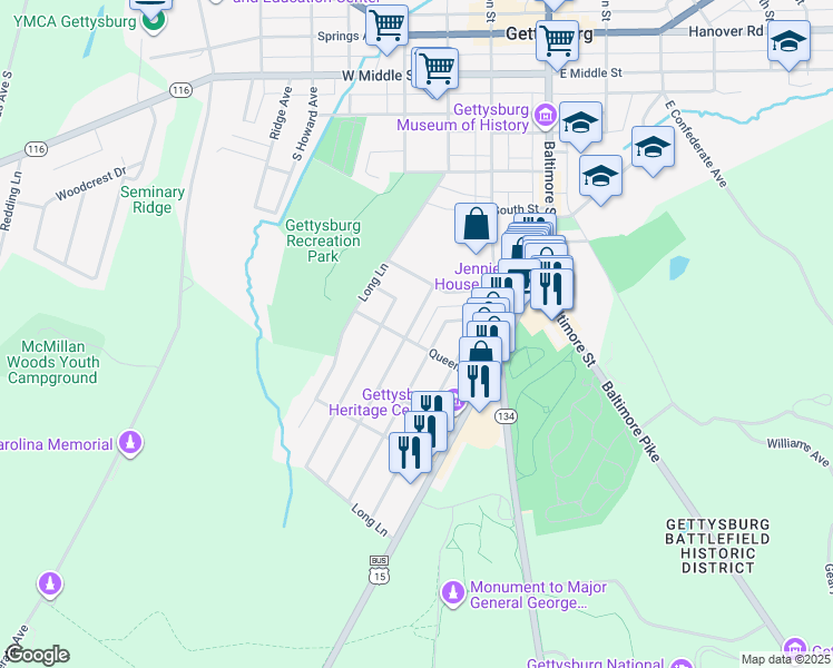 map of restaurants, bars, coffee shops, grocery stores, and more near 650 Fairview Ave in Gettysburg