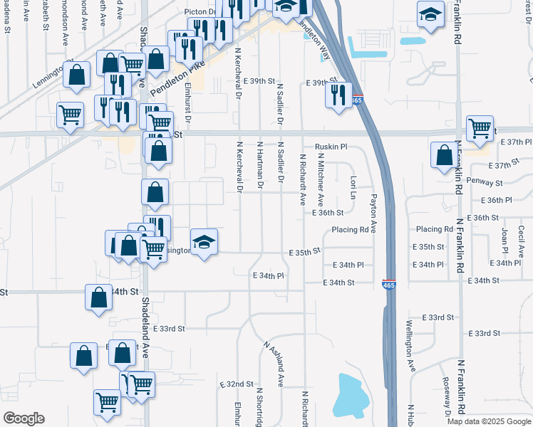 map of restaurants, bars, coffee shops, grocery stores, and more near 3645 North Hartman Drive in Indianapolis