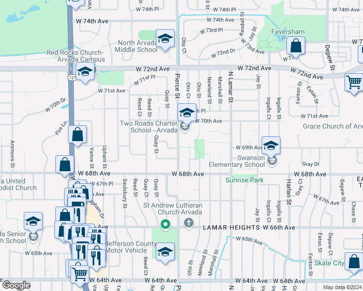 map of restaurants, bars, coffee shops, grocery stores, and more near 6910 Pierce Street in Arvada