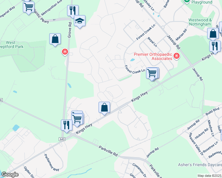 map of restaurants, bars, coffee shops, grocery stores, and more near 15 Highbridge Lane in West Deptford
