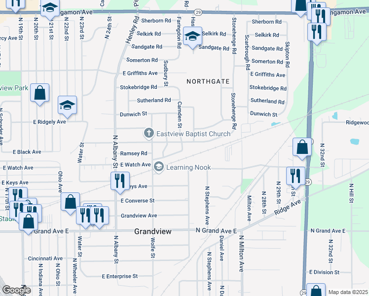 map of restaurants, bars, coffee shops, grocery stores, and more near 2366 Ramsey Road in Springfield