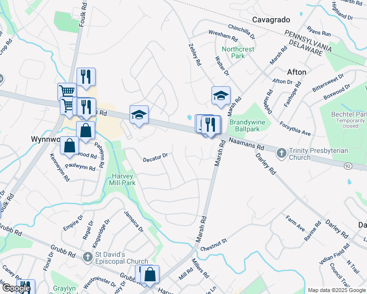 map of restaurants, bars, coffee shops, grocery stores, and more near 2418 Larkwood Drive in Wilmington
