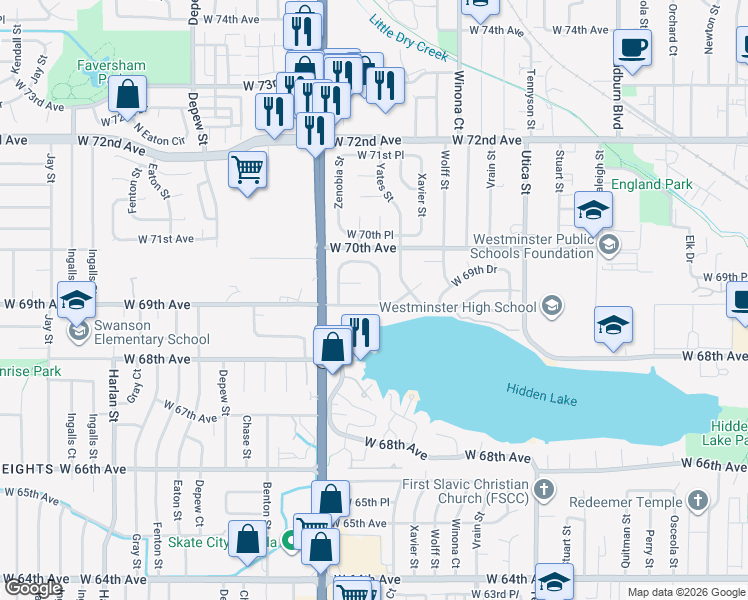 map of restaurants, bars, coffee shops, grocery stores, and more near 5051 West 69th Avenue in Westminster