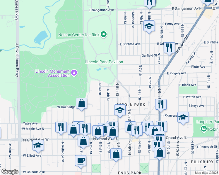 map of restaurants, bars, coffee shops, grocery stores, and more near 1536 North 4th Street in Springfield