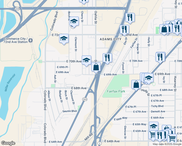 map of restaurants, bars, coffee shops, grocery stores, and more near 4711 East 69th Avenue in Commerce City
