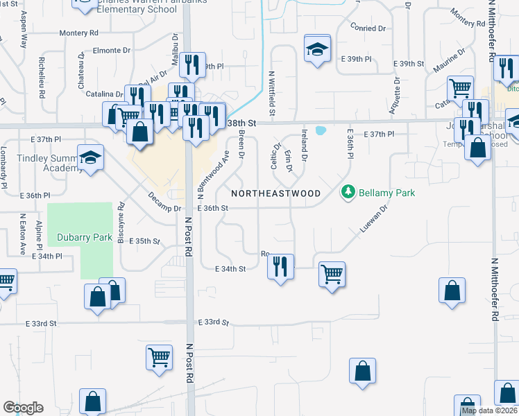 map of restaurants, bars, coffee shops, grocery stores, and more near 9205 East 36th Street in Indianapolis