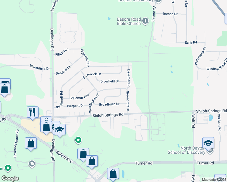 map of restaurants, bars, coffee shops, grocery stores, and more near 5323 Greencroft Drive in Dayton
