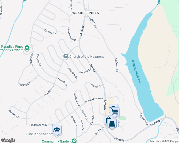 map of restaurants, bars, coffee shops, grocery stores, and more near 14163 Decatur Drive in Magalia