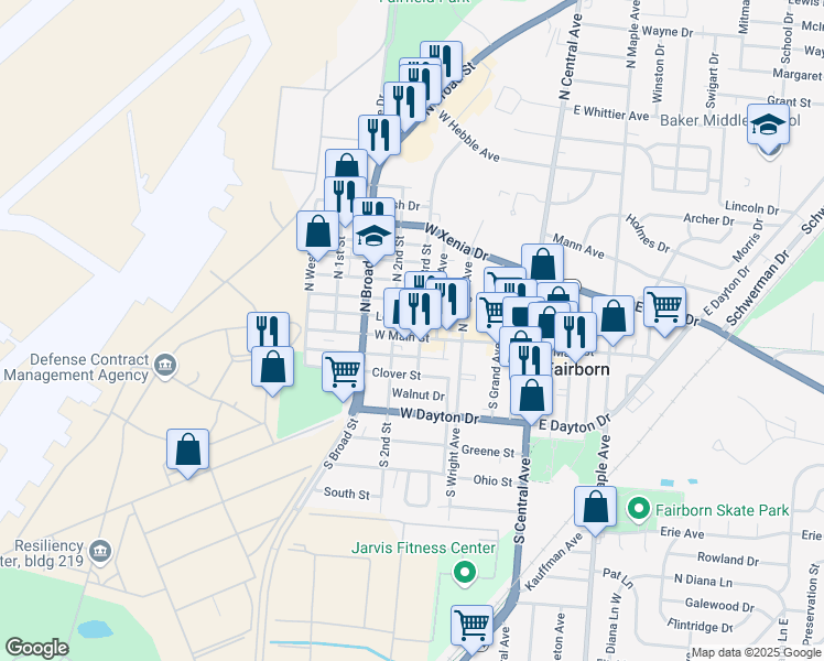 map of restaurants, bars, coffee shops, grocery stores, and more near 409 West Main Street in Fairborn